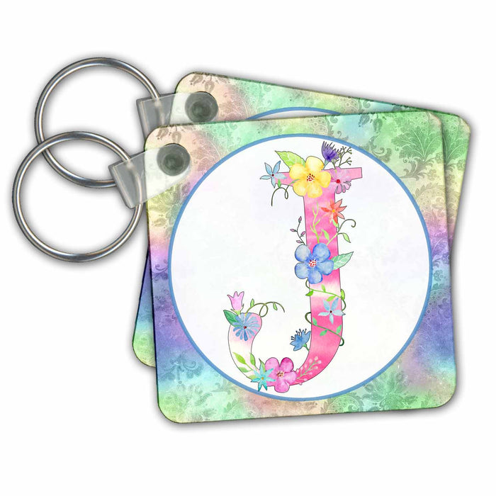 Key Chain - Pretty Whimsical Pink Flower Monogram Initial J Monograms