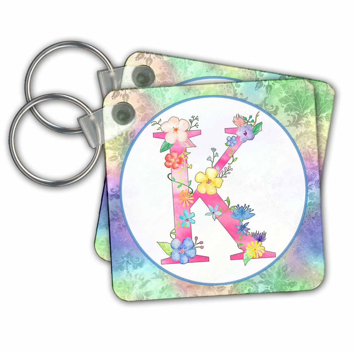 Key Chain - Pretty Whimsical Pink Flower Monogram Initial K Monograms