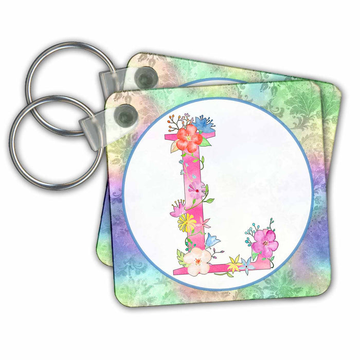 Key Chain - Pretty Whimsical Pink Flower Monogram Initial L Monograms