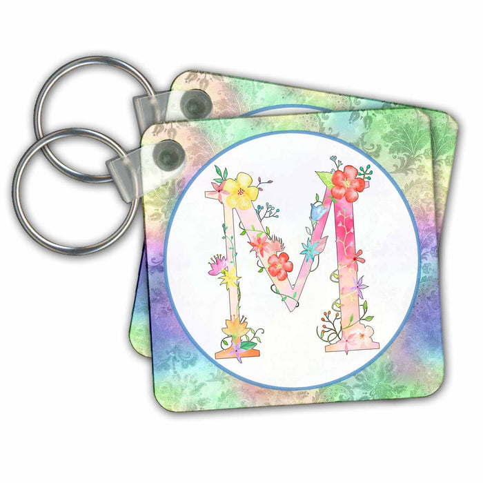 Key Chain - Pretty Whimsical Pink Flower Monogram Initial M Monograms