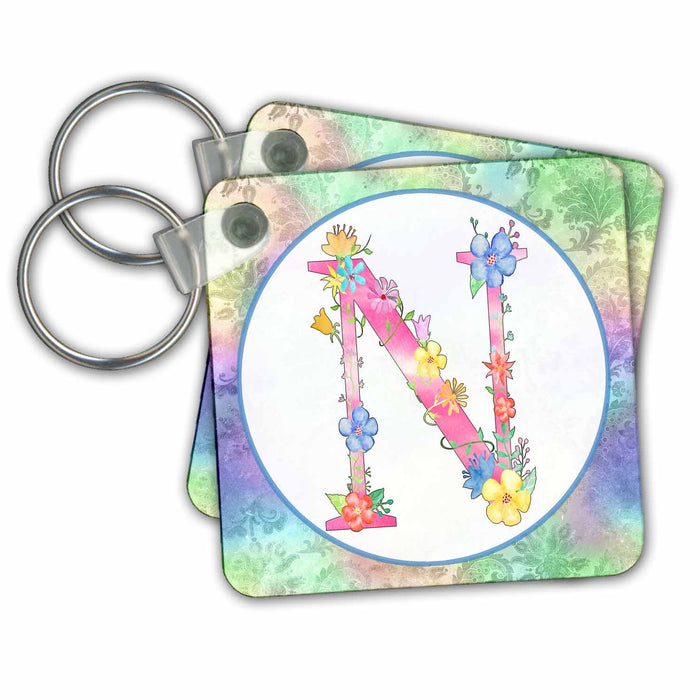 Key Chain - Pretty Whimsical Pink Flower Monogram Initial N Monograms