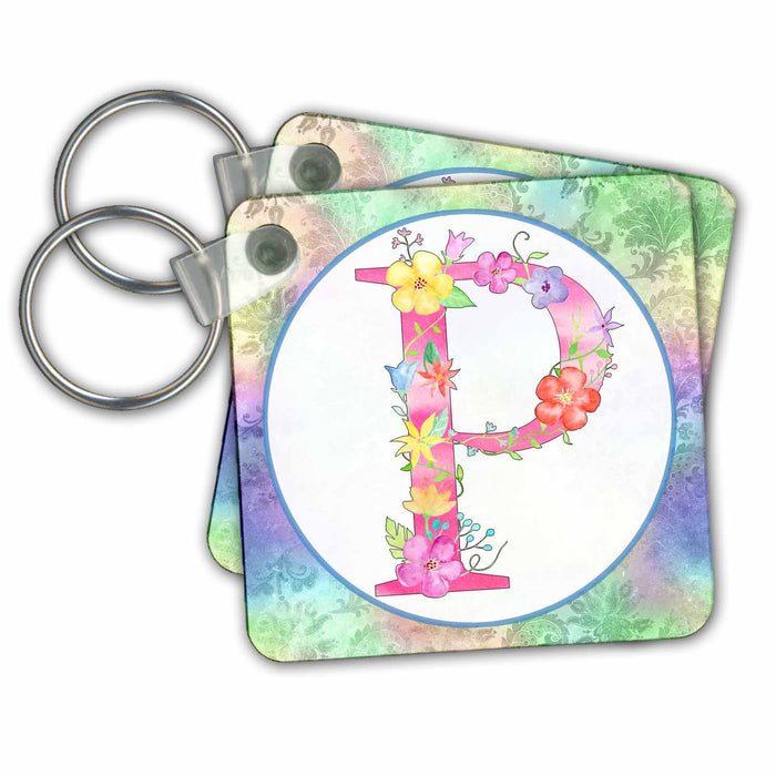 Key Chain - Pretty Whimsical Pink Flower Monogram Initial P Monograms