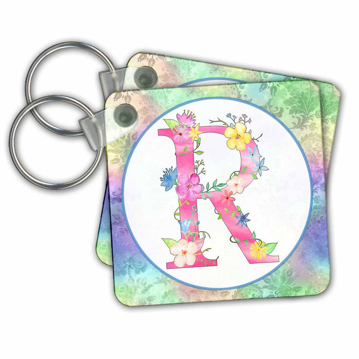 Key Chain - Pretty Whimsical Pink Flower Monogram Initial R Monograms