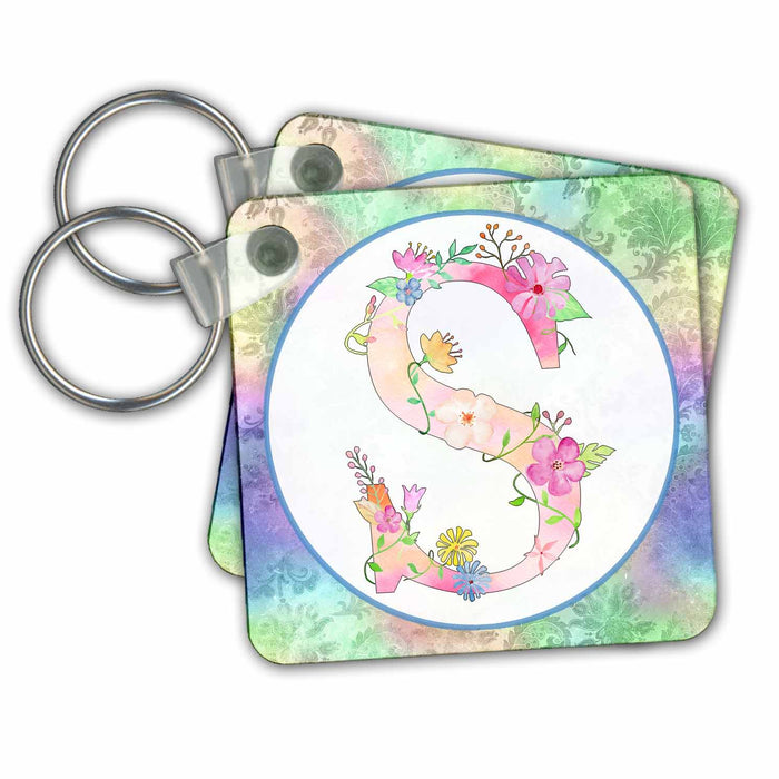 Key Chain - Pretty Whimsical Pink Flower Monogram Initial S Monograms