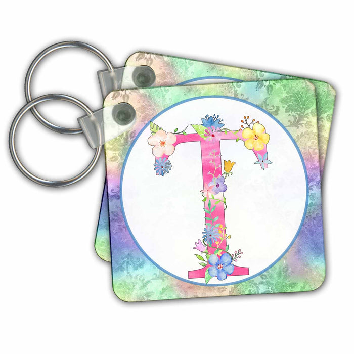 Key Chain - Pretty Whimsical Pink Flower Monogram Initial T Monograms