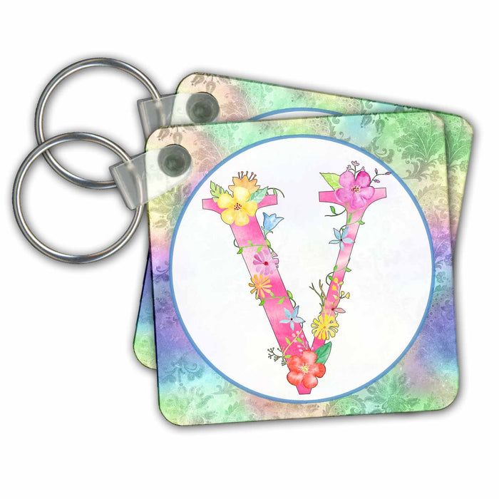 Key Chain - Pretty Whimsical Pink Flower Monogram Initial V Monograms