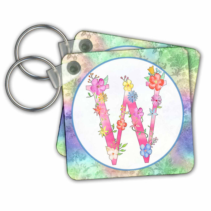 Key Chain - Pretty Whimsical Pink Flower Monogram Initial W Monograms