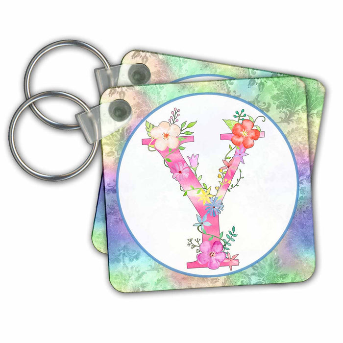 Key Chain - Pretty Whimsical Pink Flower Monogram Initial Y Monograms