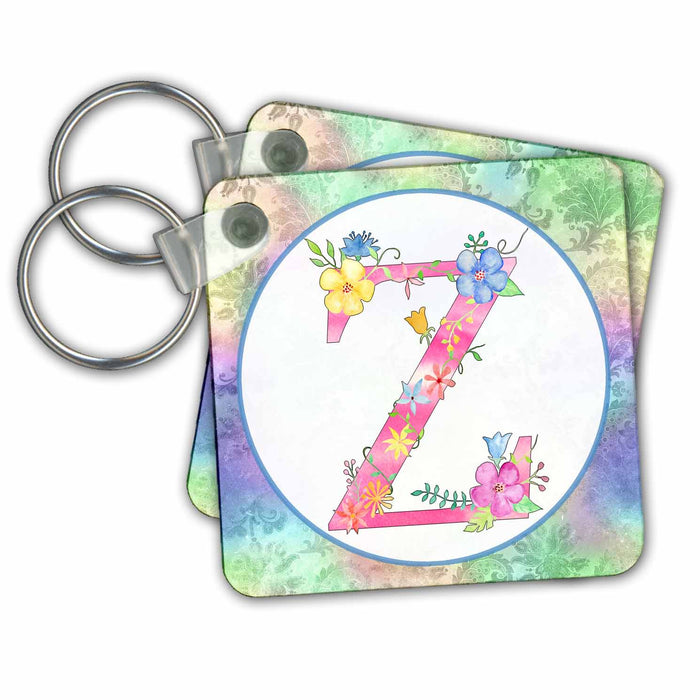 Key Chain - Pretty Whimsical Pink Flower Monogram Initial Z Monograms