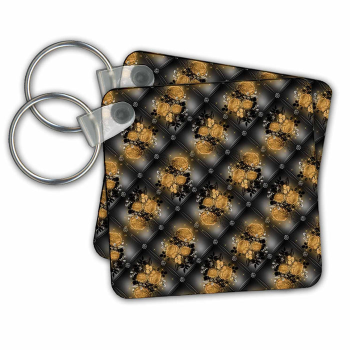 Key Chain - Pretty Mustard Yellow and Black Image Of Shimmering Floral Pattern Patterns