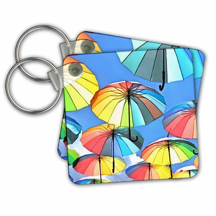 Key Chain - Floating Umbrella Sky Whimsical Parasols Acrylic Painting - Umbrellas