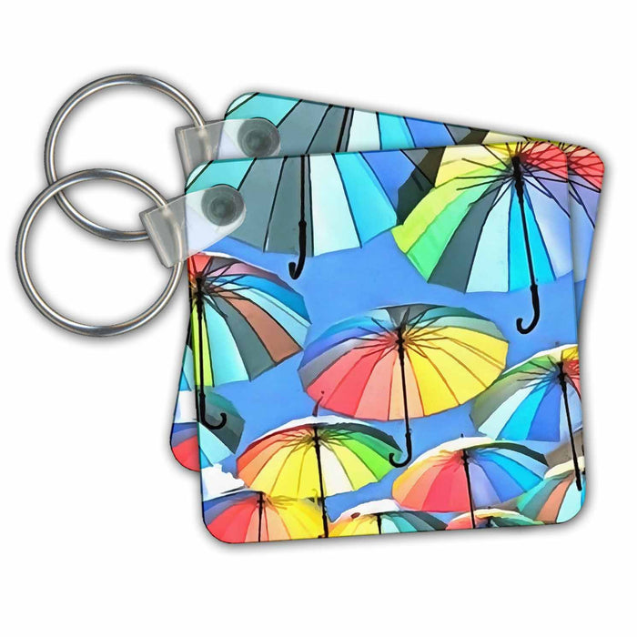 Key Chain - Whimsical Floating Multicolored Umbrellas Acrylic Painting - Umbrellas