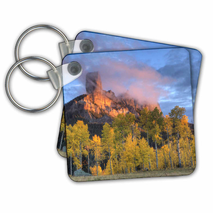 Key Chain - Colorado, San Juan Mountains. Chimney Rock and aspens at sunset. Colorado