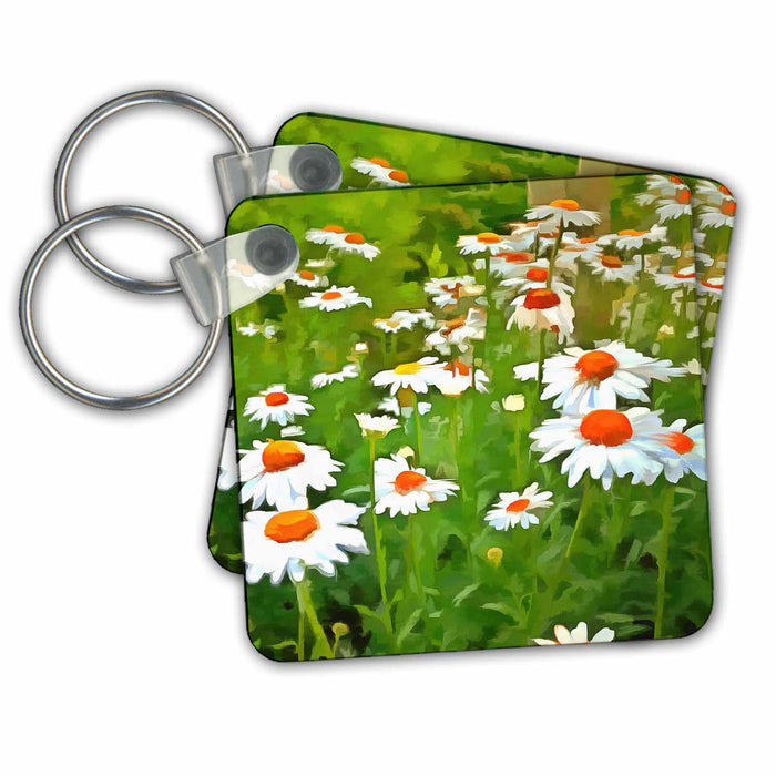 Key Chain - Whimsical Artistic Bright and Colorful White Garden Daisies Acrylic Painting - Daisies