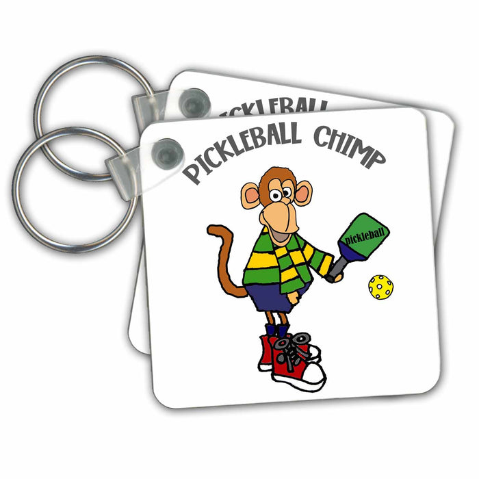 Key Chain - Funny Cute Monkey Playing Pickleball Pun Pickleball Chimp Cartoon Sports and Hobbies