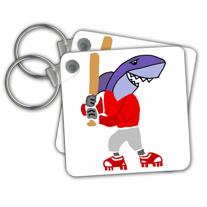 Key Chain - Funny Cute Shark Batter Playing Baseball Sports at the Beach Sports and Hobbies