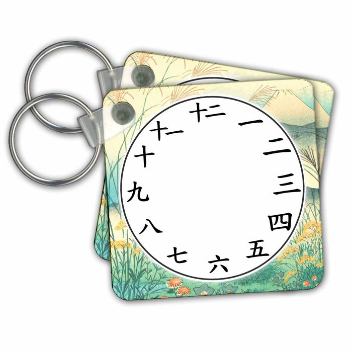 Key Chain - Kanji Clock face - Japanese Number Symbols - Floral Mount Fuji Art Oriental