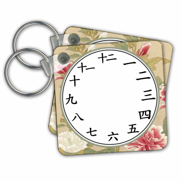 Key Chain - Telling the time in Chinese Clock face - Kanji numbers - Floral Art Oriental