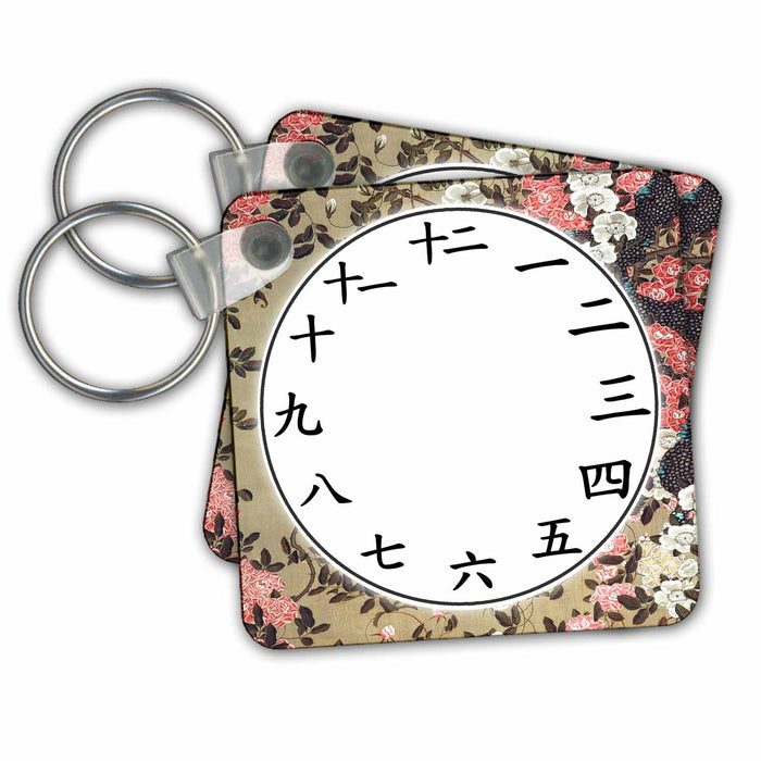 Key Chain - Japanese Clock face - Kanji Numbers Ito Jakuchu Floral Flowers pattern Oriental