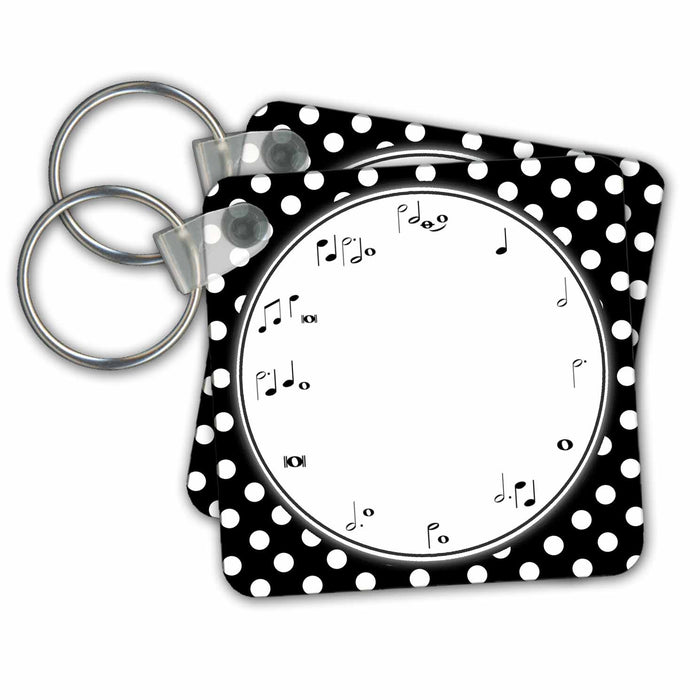 Key Chain - Music Clock Face Musical Notes Time Musician Notation Black Polka Dot Music Art Designs