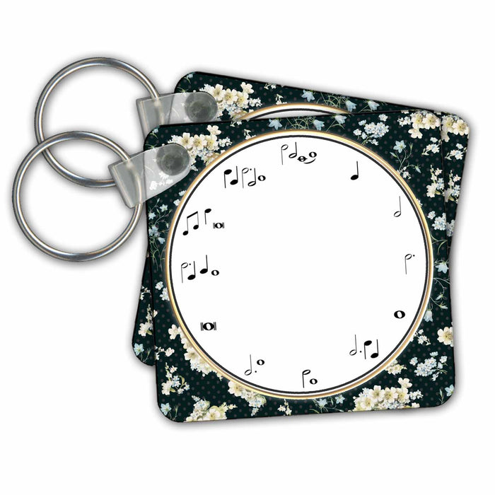 Key Chain - Music Clock Face Musical Notes Time Musician Notation - Flower pattern Music Art Designs