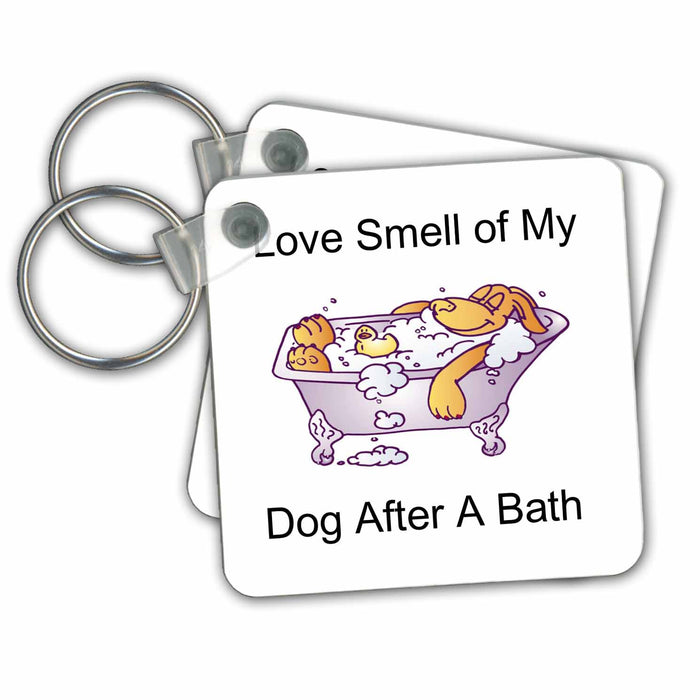 Key Chain - Image of Dog In Bath With Words Love Smell Of My Dog After A Bath lens Art by Florene - Love The Smell