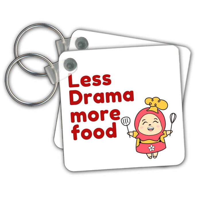 Key Chain - Simple Design about Food and Text of Less Drama More Food 3dRose Mary Aikeen- Food Quotes