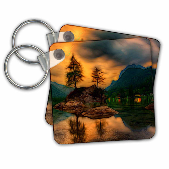 Key Chain - Two Lone Trees On An Lake Island Image Of Light Infused Painting Light Infused Paintings