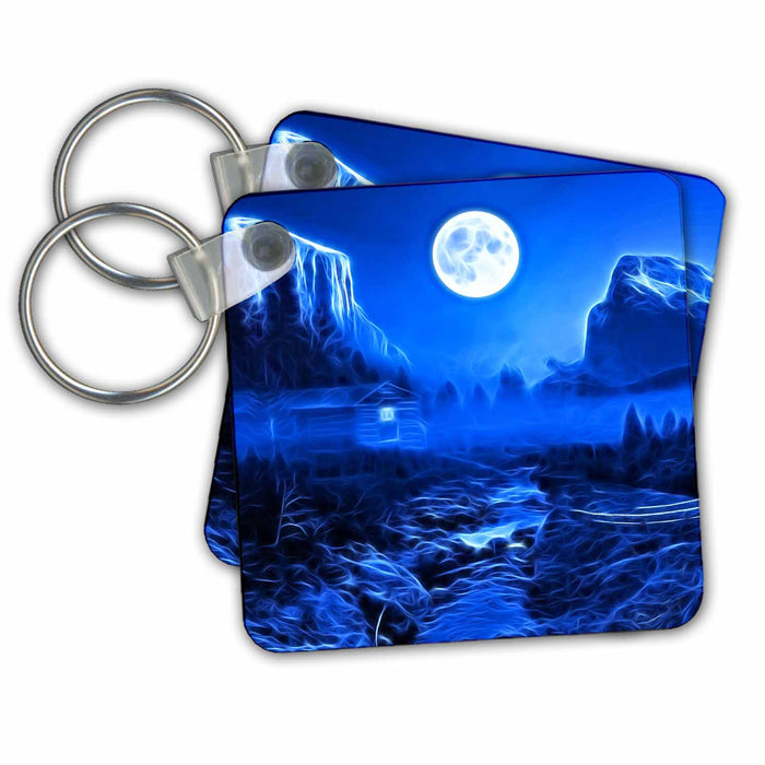 Key Chain - Cabin In The Snowy Mountains With A Full Moon Image Of Light Infusion Light Infused Paintings