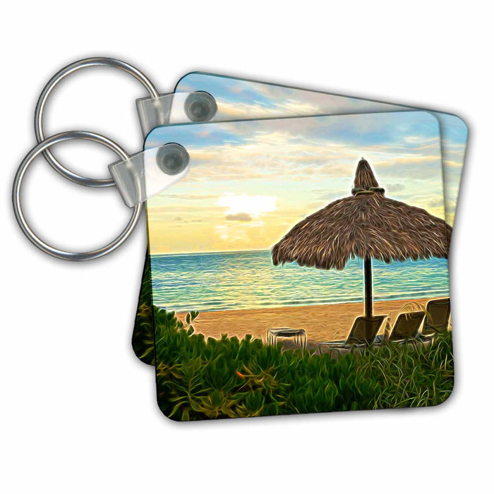 Key Chain - Sunset On The Beach With Thatched Umbrella Image Of Light Infusion Light Infused Paintings