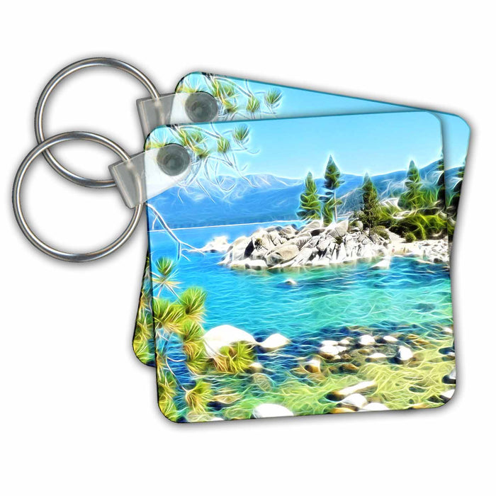 Key Chain - Lake Tahoe Lake With Pine Trees Image Of Light Infused Painting Light Infused Paintings