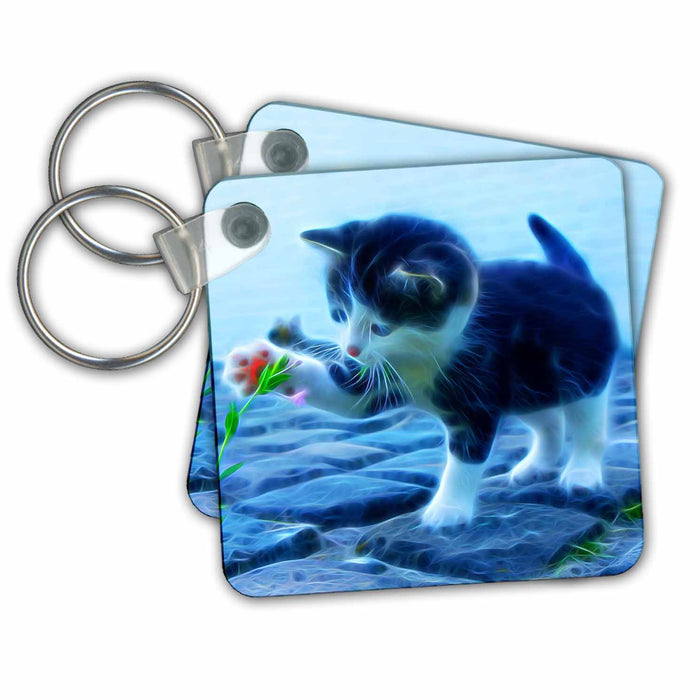 Key Chain - Cute Kitten Playing With A Flower Image Of Light Infused Painting Light Infused Paintings