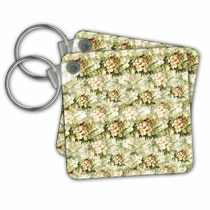 Key Chain - Floral pattern of beige flowers, green leaves. Springtime theme Alexis Design - Pattern Floral