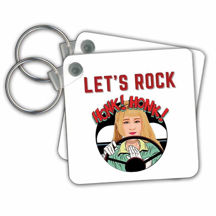 Key Chain - Retro Image with a Text of Lets Rock 3dRose Mary Aikeen- Retro Images