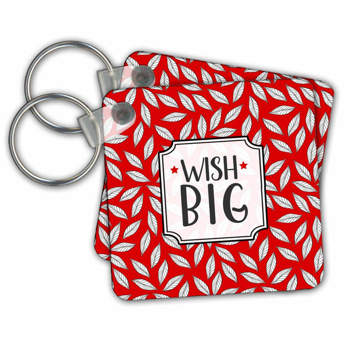 Key Chain - Bold Red and White Botanical Leaves with Wish Big Text for Birthday Birthday Collection