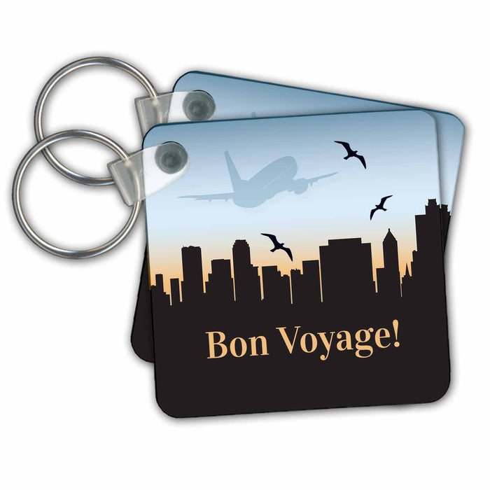 Key Chain - A Cityscape Silhouette Against a Setting Sun with Bon Voyage Wishes Bon Voyage Collection