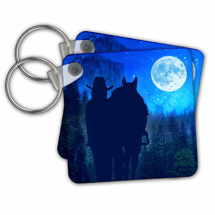 Key Chain - Moonlit Mountain Scene with a Cowgirl and Her Horse Country Western Western