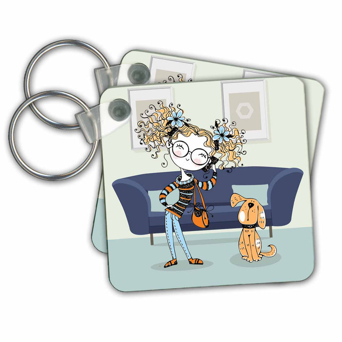 Key Chain - A Tween Girl with her Dog Cartoon Illustration in a Room on the Phone Kids Collection