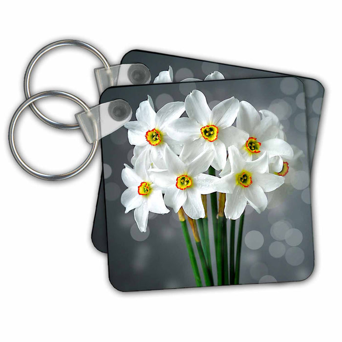 Key Chain - Bouquet of White and Orange Daffodils on Gray for Spring Celebrations Floral