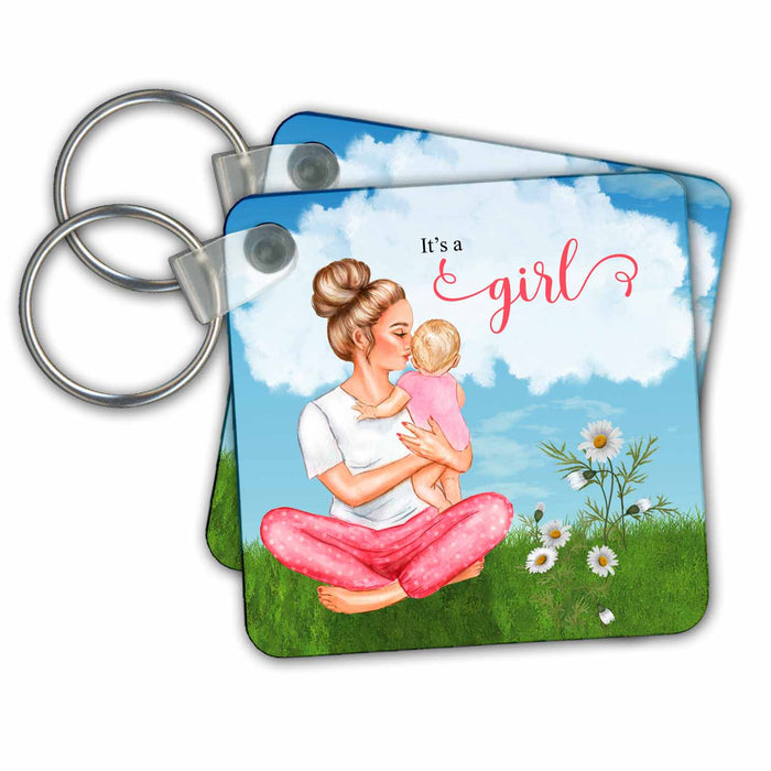 Key Chain - Its a Girl Mommy and Baby in Pink on the Grass with Clouds Baby Designs