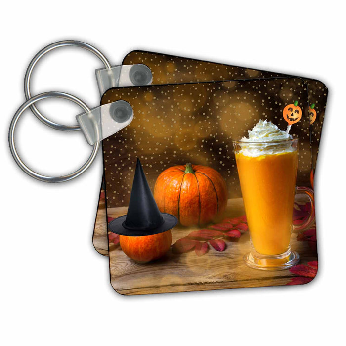 Key Chain - Halloween Pumpkin Latte with Autumn Leaves and Witch Hat Halloween Collection