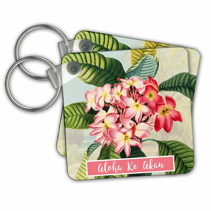 Key Chain - Aloha Ke Akua Hawaiian breath of life Love of God Pink Plumeria Flower Hawaii