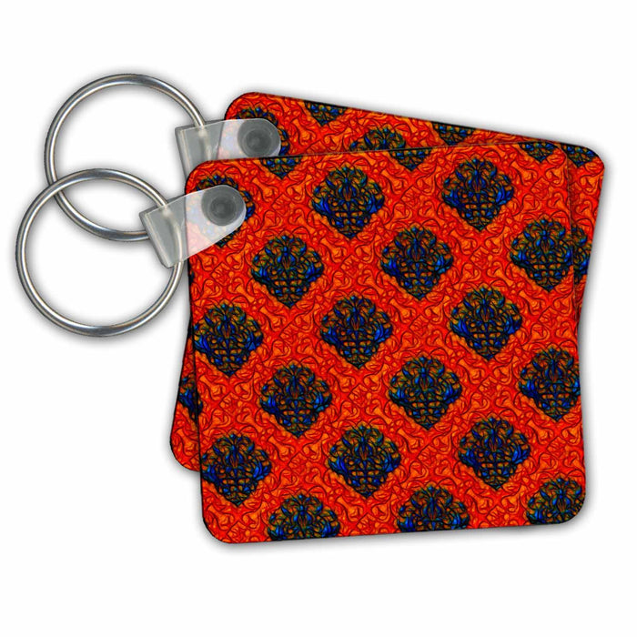 Key Chain - Blue and Orange Scribble Diamond Damask Pattern Patterns