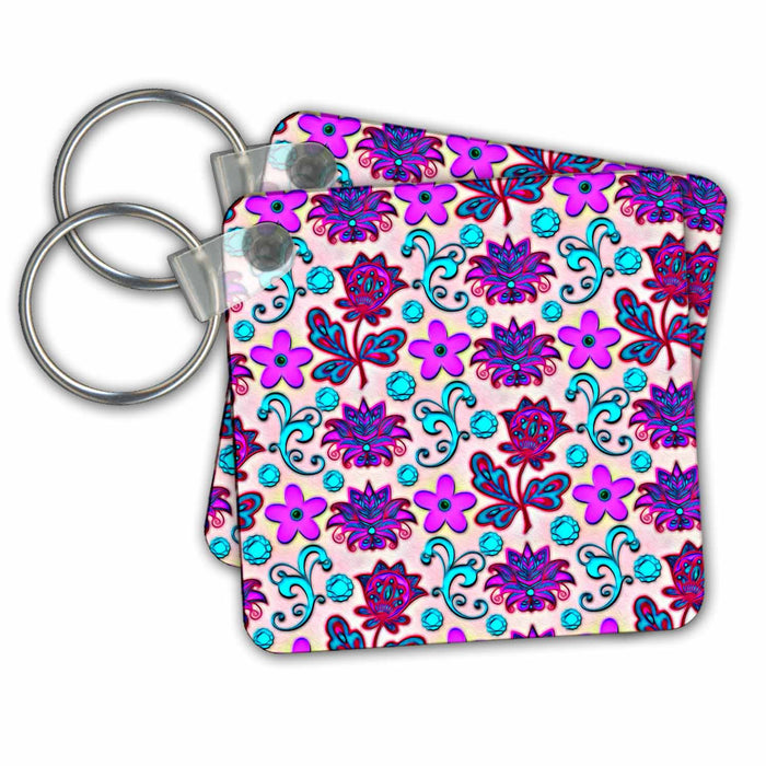 Key Chain - Bright Pink and Aqua Lotus Flower Pattern Patterns