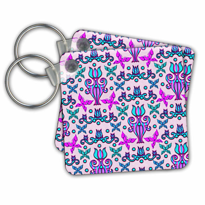 Key Chain - Aqua and Pink Folk Art Tulip Pattern Patterns