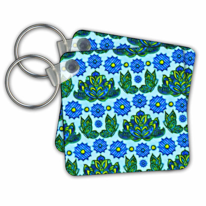 Key Chain - Pretty Blue and Green Lotus Flower and Butterfly Pattern Patterns