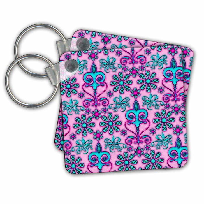 Key Chain - Pink and Aqua Daisy and Ornamental Pattern Patterns