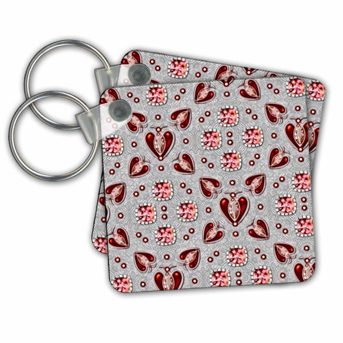 Key Chain - Red Image Of Jewels and Hearts On Gray Pattern Patterns