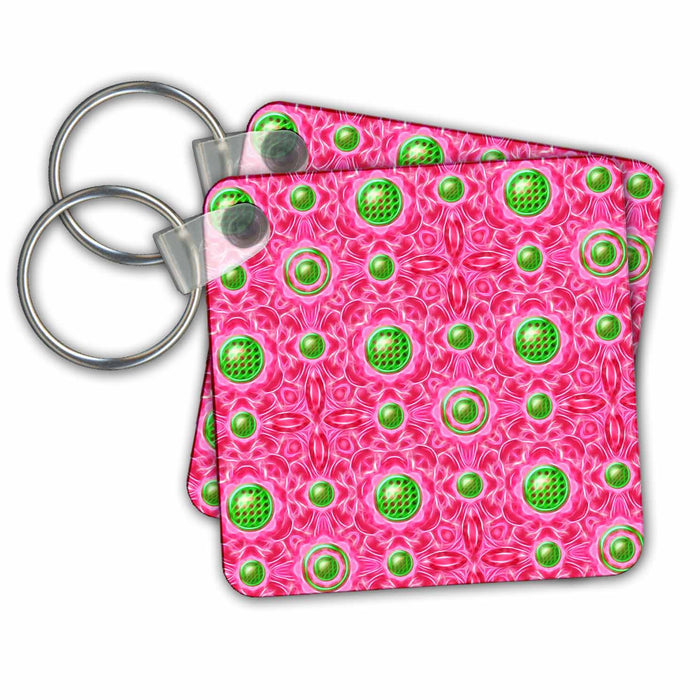 Key Chain - Bright Pink Fiery Flowers With Bright Green Dot Centers Pattern Patterns