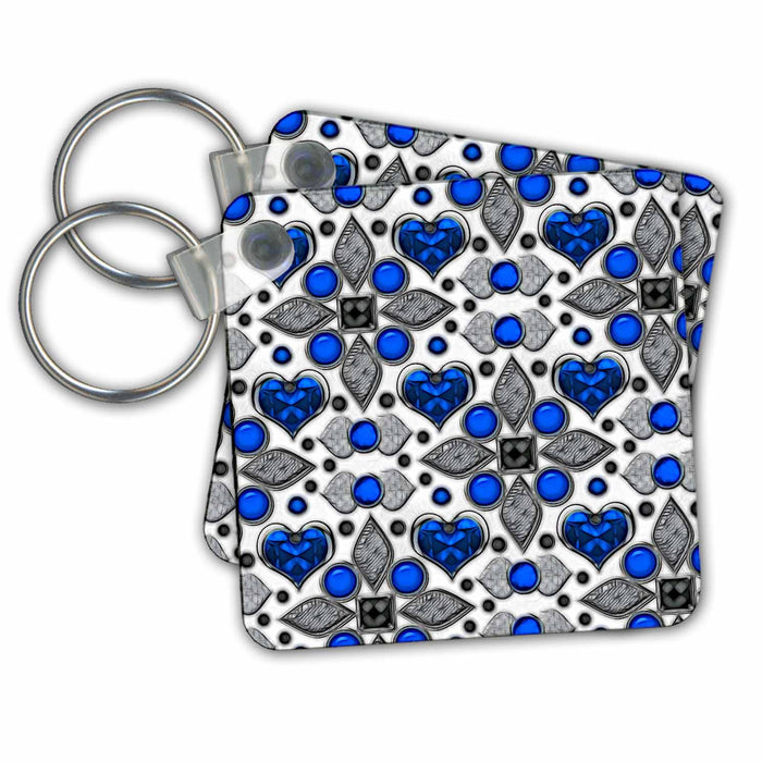 Key Chain - Blue Image Of Jewels Hearts, Petals, and Dots Pattern Patterns